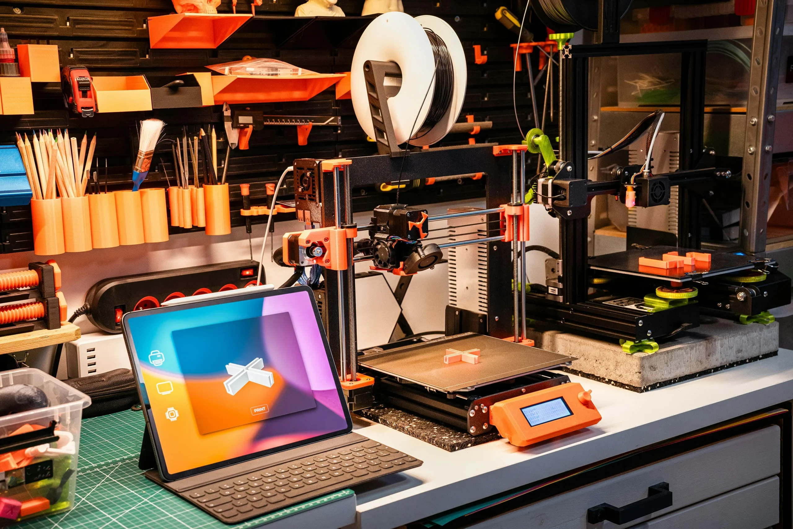 Arbeitsplatz mit 3D-Drucker, Filamentspulen, orangefarbenen Werkzeughaltern, Pinsel und Schraubendreher; Laptop mit Display