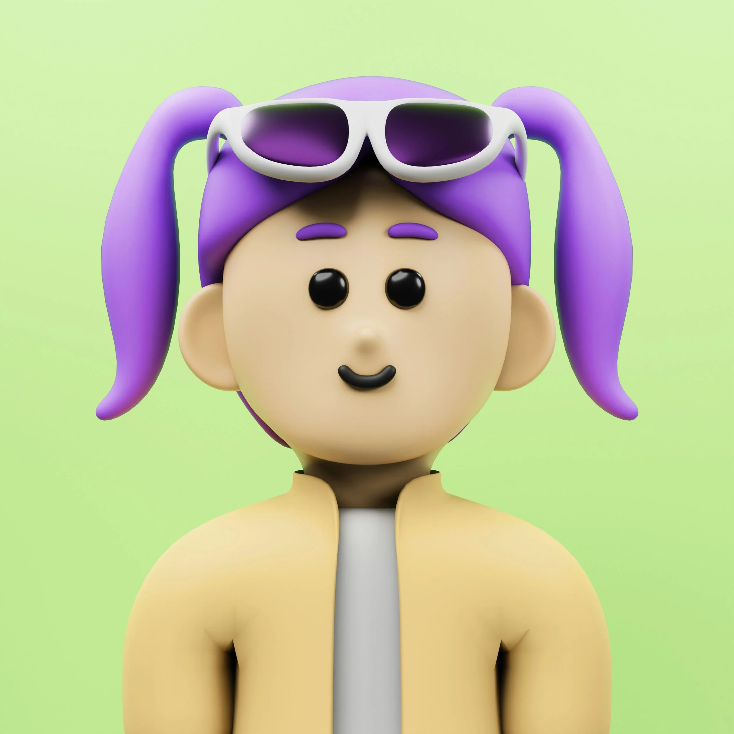 3D-Cartoonfigur mit violetten Gliedmaßen, weiße Sonnenbrille auf dem Kopf, vor hellgrünem Hintergrund
