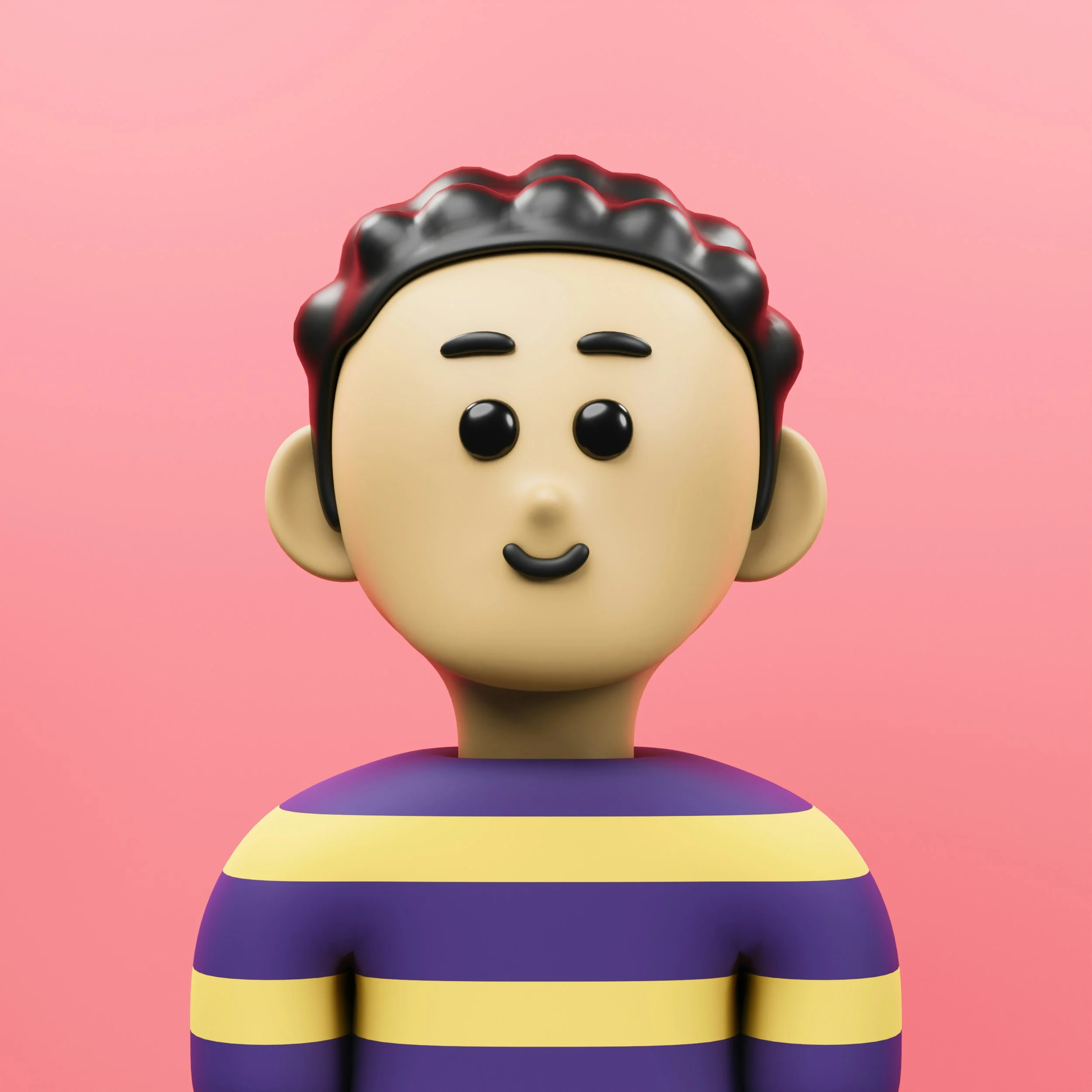 Cartoonfigur mit fröhlichem Gesicht; dunkle Haare, violett-gelbes Oberteil, rosa Hintergrund
