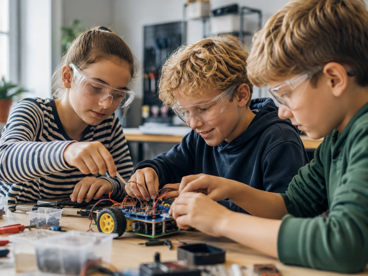 Drei Schülerinnen und Schüler mit Schutzbrillen arbeiten an einem Robotikprojekt und verbinden Drähte an einer Leiterplatte