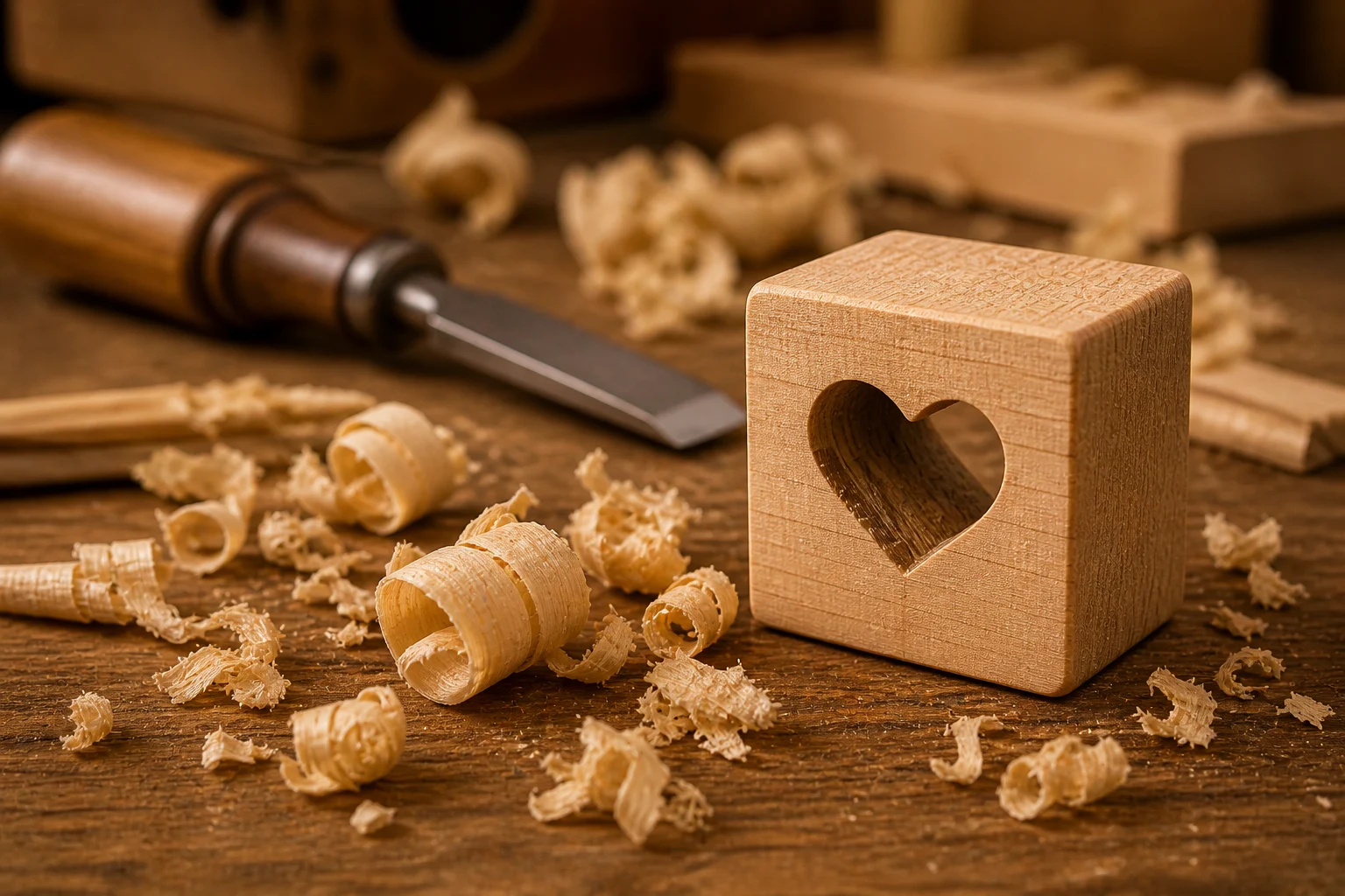 Holzblock mit herzförmiger Aussparung, Holzspäne verstreut, Schreinerwerkzeug im Hintergrund
