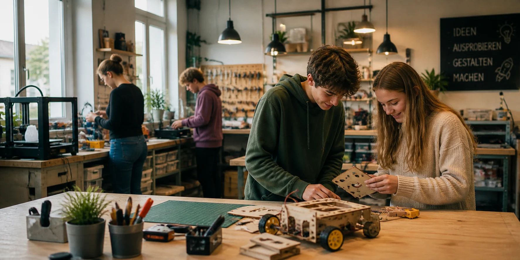 Zwei Jugendliche arbeiten im MY Makerspace an einem Holzfahrzeug; im Hintergrund sind weitere Lernende zu sehen