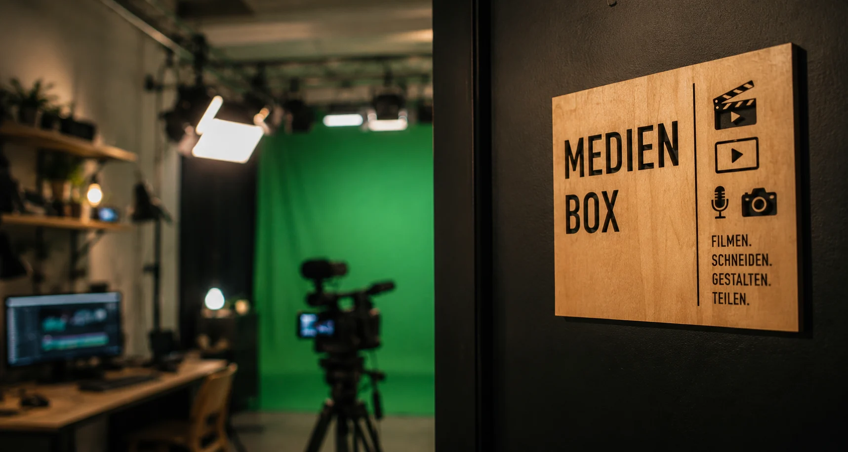 Holzschild MEDIEN BOX mit Film-, Mikrofon- und Kamerasymbolen; Greenscreen-Studio mit Kamera und Licht