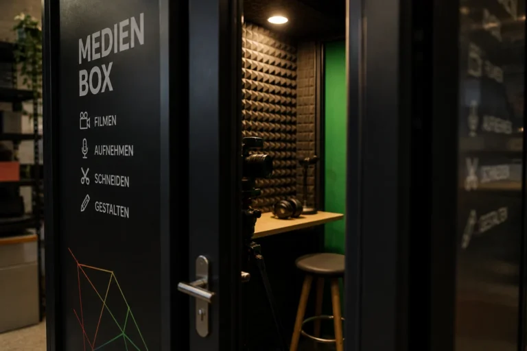 Offener Medienraum mit Kamera auf Stativ vor Schalldämmung; Schild Medien Box mit Filmen, Aufnehmen, Schneiden, Gestalten