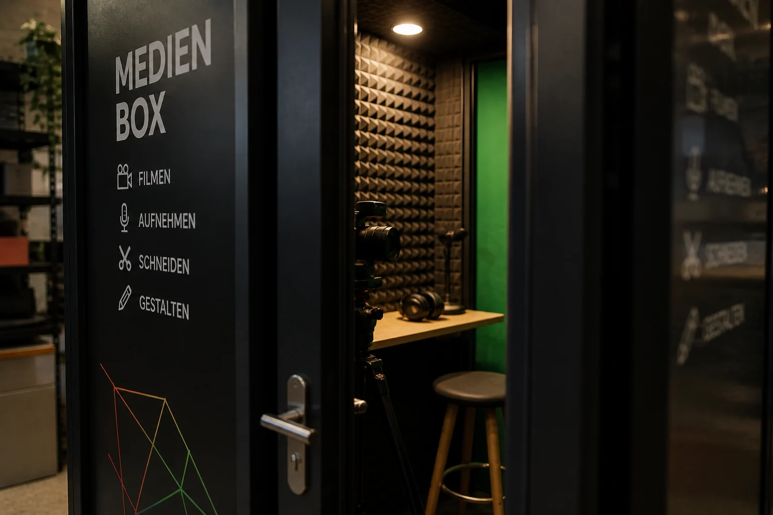 Offener Medienraum mit Kamera auf Stativ vor Schalldämmung; Schild Medien Box mit Filmen, Aufnehmen, Schneiden, Gestalten