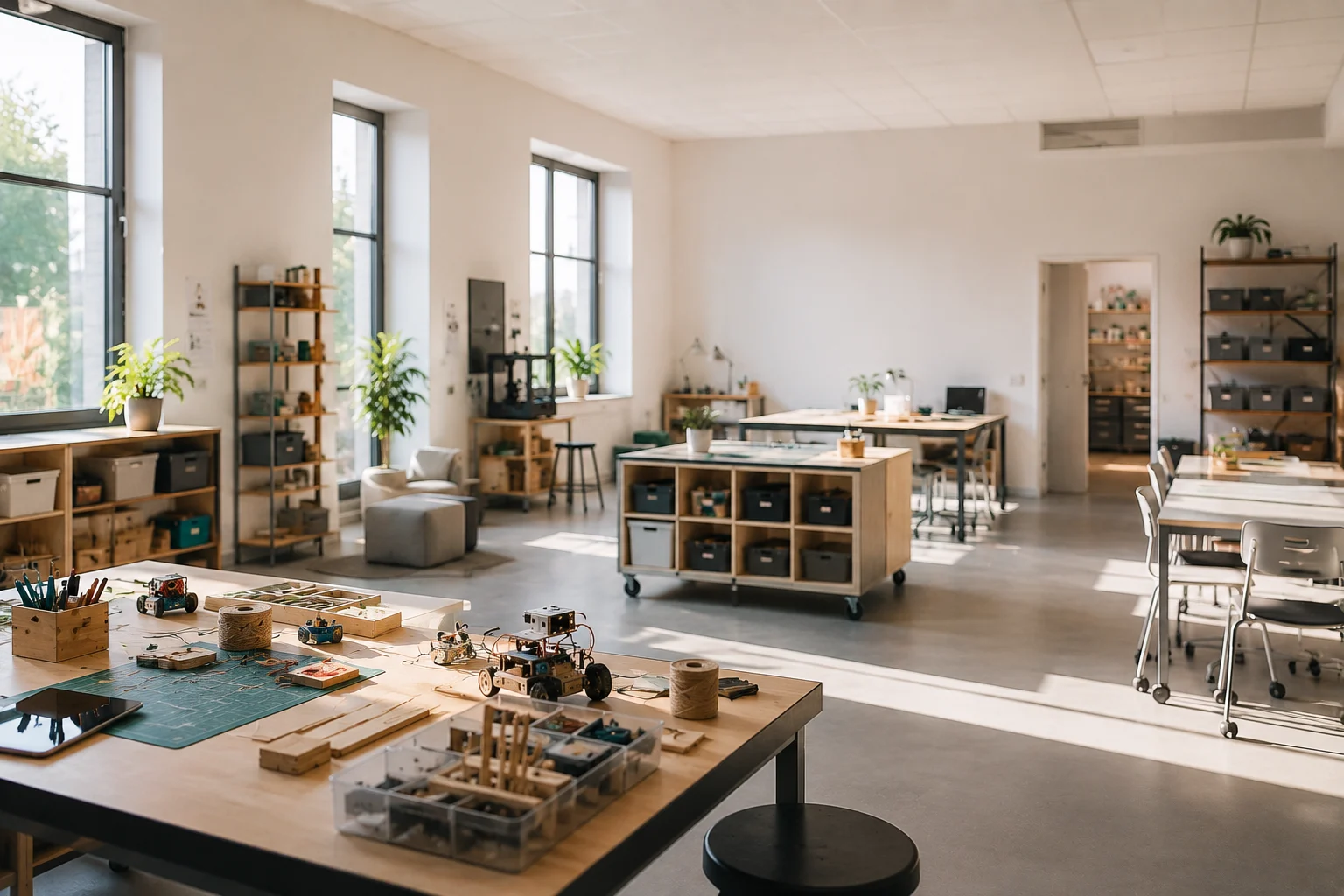 Heller Werkraum mit Arbeitsbänken, Aufbewahrungsboxen, Regalen, Pflanzen und Stühlen