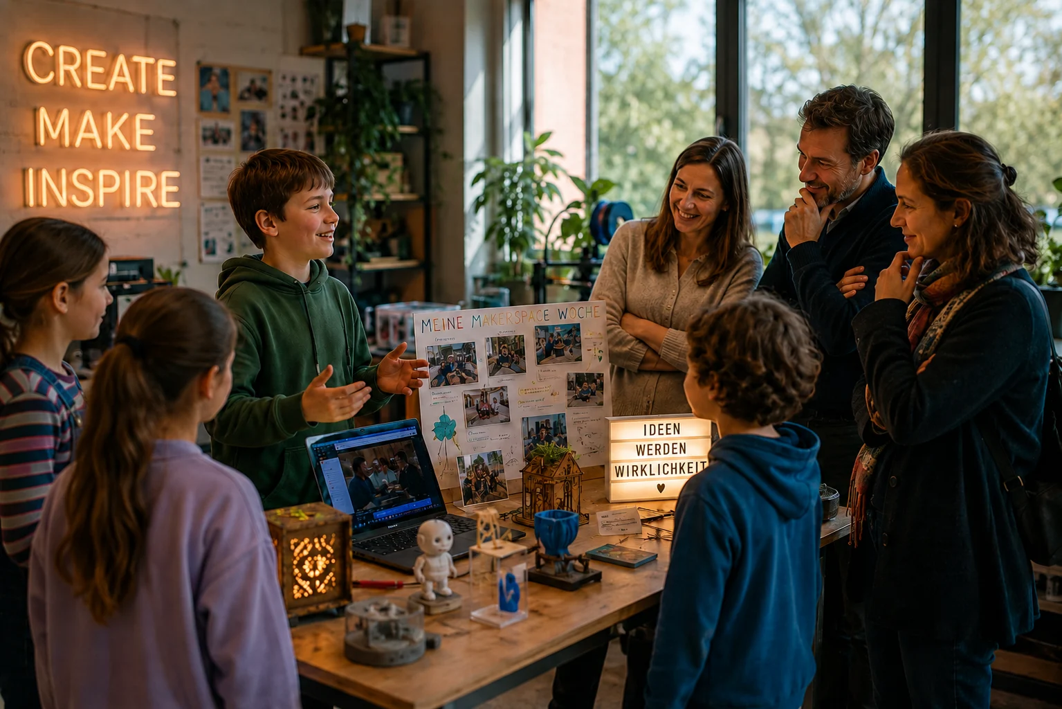 Junge präsentiert Poster zur MakerWoche vor Gruppe Erwachsener in Makerspace; Neon-Schrift CREATE MAKE INSPIRE im Hintergrund