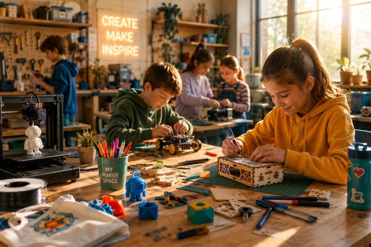 Ferienprogramm im MY Makerspace: Mehrere Kinder arbeiten in einer Maker-Werkstatt an Bastel- und Robotikprojekten; Neon-Schriftzug CREATE MAKE INSPIRE im