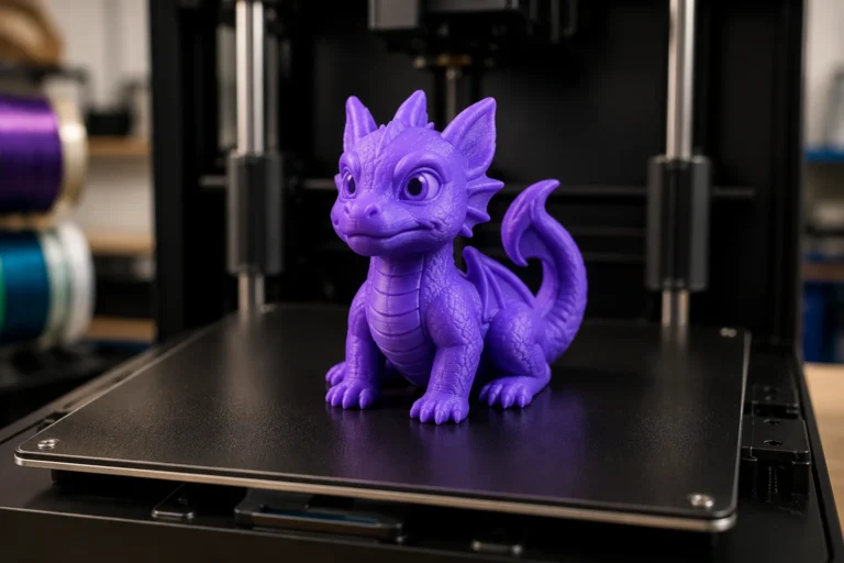 Lila Drachenfigur auf der Druckplatte eines 3D-Druckers