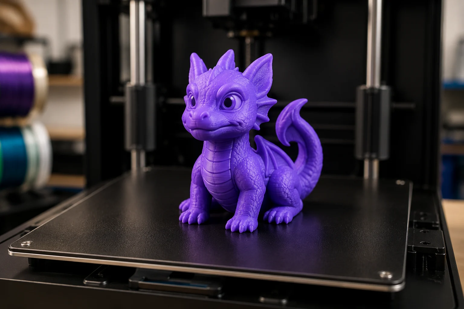 Lila Drachenfigur auf der Druckplatte eines 3D-Druckers