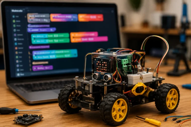 Kleiner Roboterwagen mit gelben Rädern, Sensoren und Verkabelung neben Laptop mit Scratch-Programmierblöcken