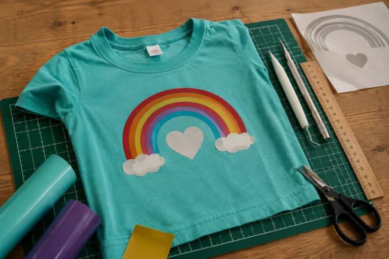 Türkisfarbenes T‑Shirt mit Regenbogen, Wolken und Herz-Motiv liegt auf einer Bastelunterlage mit Lineal und Bastelwerkzeugen