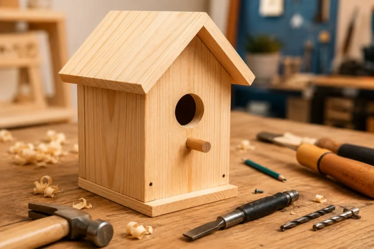 Holz-Vogelhaus auf einer Werkbank in der Werkstatt, umgeben von Werkzeugen und Holzspänen