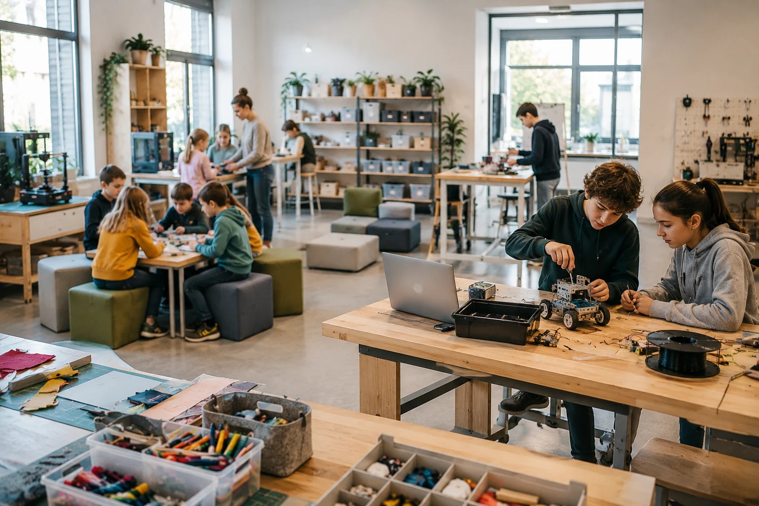 Zwei Jugendliche bauen an einem Roboterbausatz, während im Hintergrund weitere Gruppen in einem Makerspace arbeiten