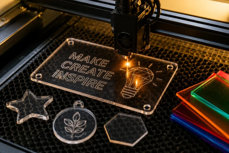 Lasercutter graviert transparente Platte mit MAKE CREATE INSPIRE und Glühbirnen-Skizze; bunte Acrylplatten daneben
