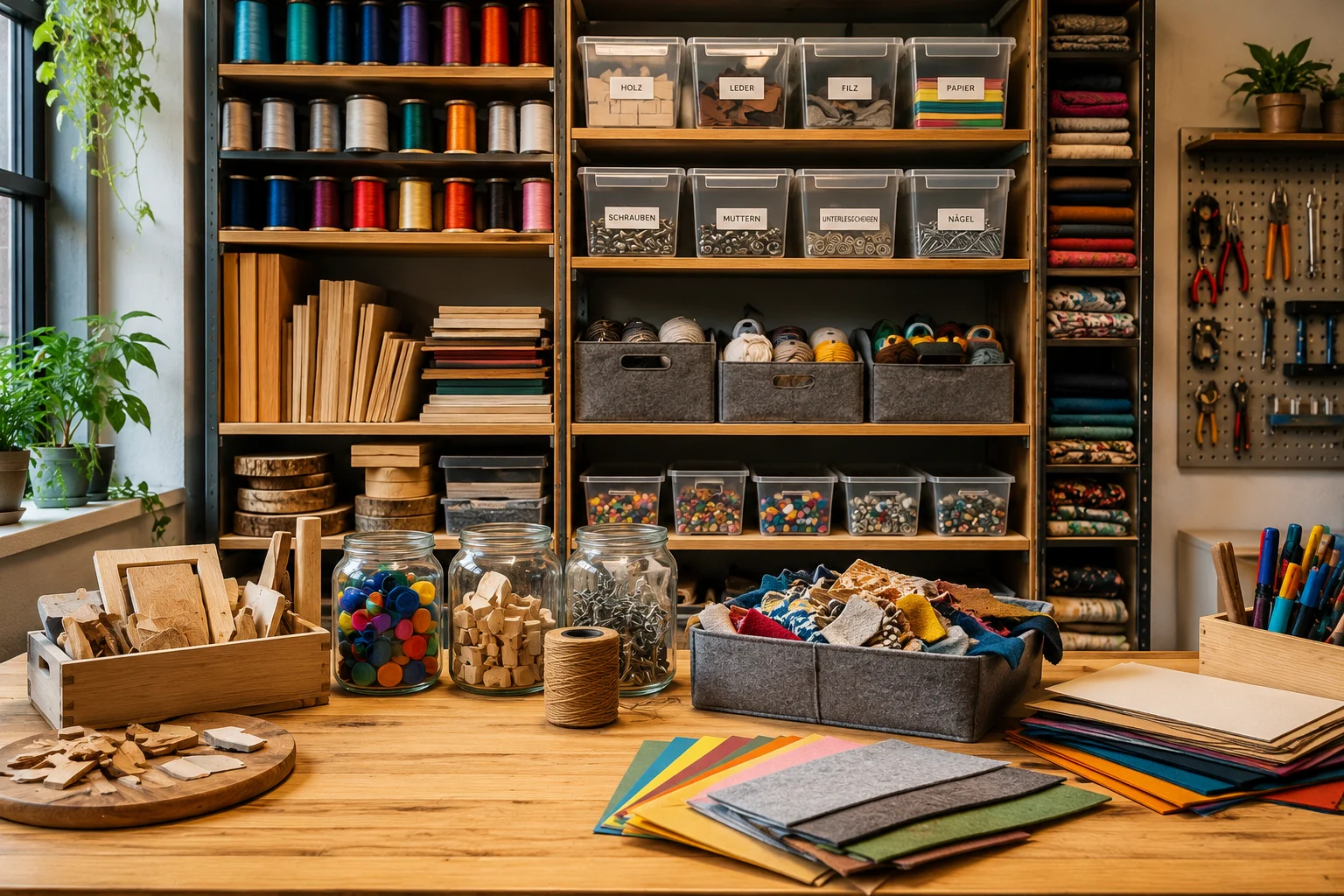 Bastelwerkstatt: Regale mit Spulen, Holz-, Leder- und Filzmaterial, Gläser mit Knöpfen, Stoffe und farbiges Papier