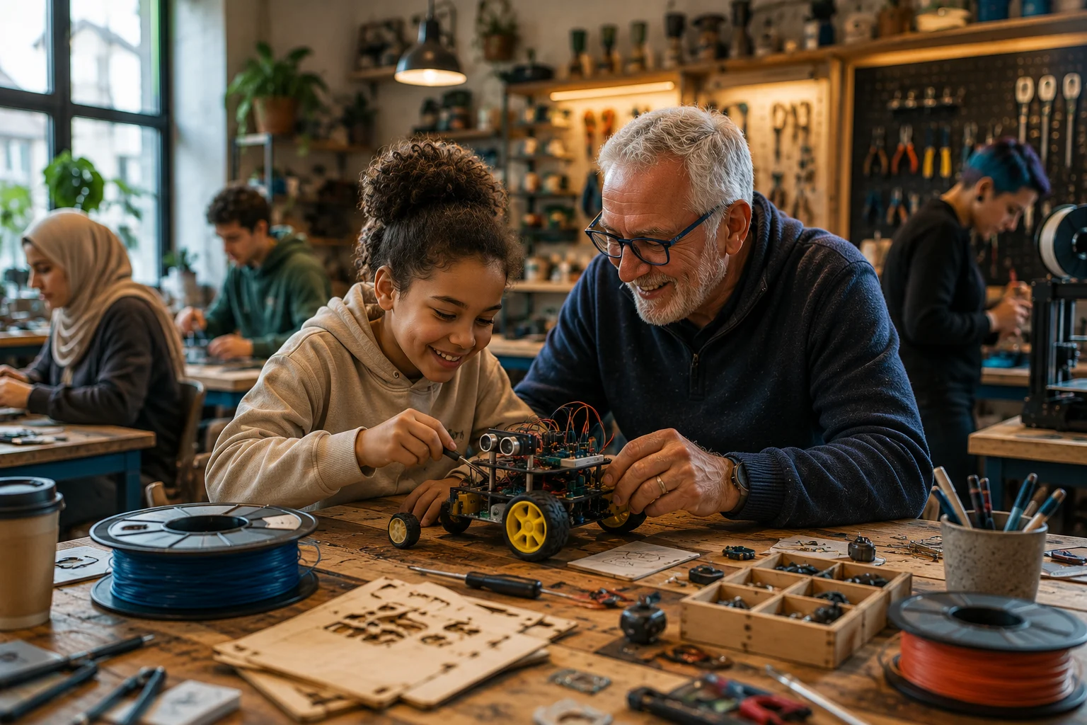 Zwei Personen arbeiten in einer Werkstatt an einem Roboter mit gelben Rädern; im Hintergrund weitere Bastler und Werkzeuge