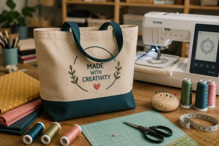 Beige Stofftasche mit grünen Griffen und Aufdruck MADE WITH CREATIVITY; Nähmaschine und Nähutensilien im Hintergrund