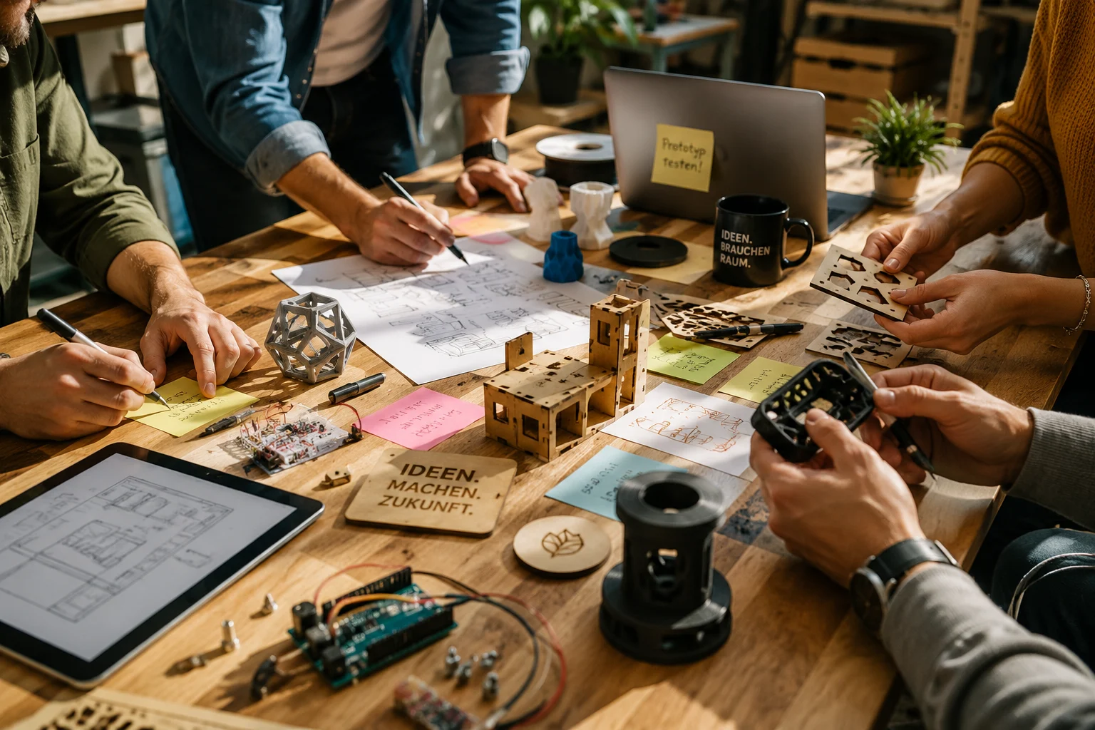 Mehrköpfige Gruppe arbeitet an Entwürfen am Holztisch; Skizzen, Post-its, Bauteile, 3D-Modelle und Laptop liegen herum