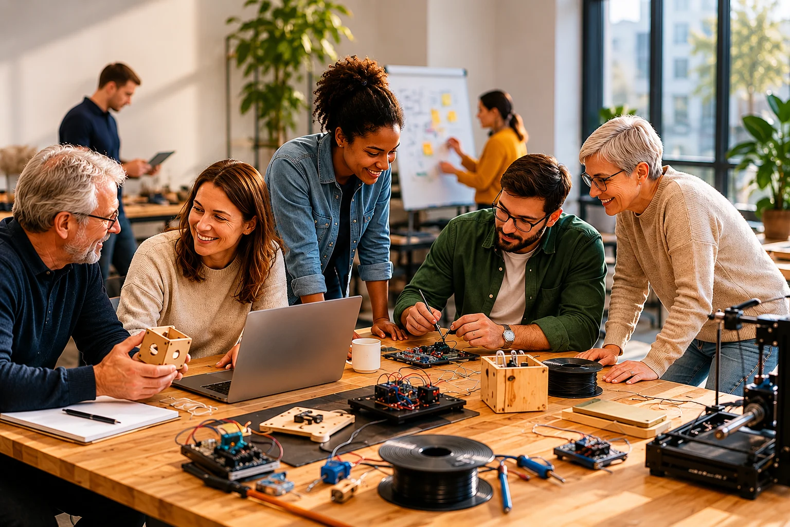 Fünf Menschen arbeiten gemeinsam an einem Elektronikprojekt an einem Holztisch; Laptop, Platinen, Kabel und Werkzeuge liegen