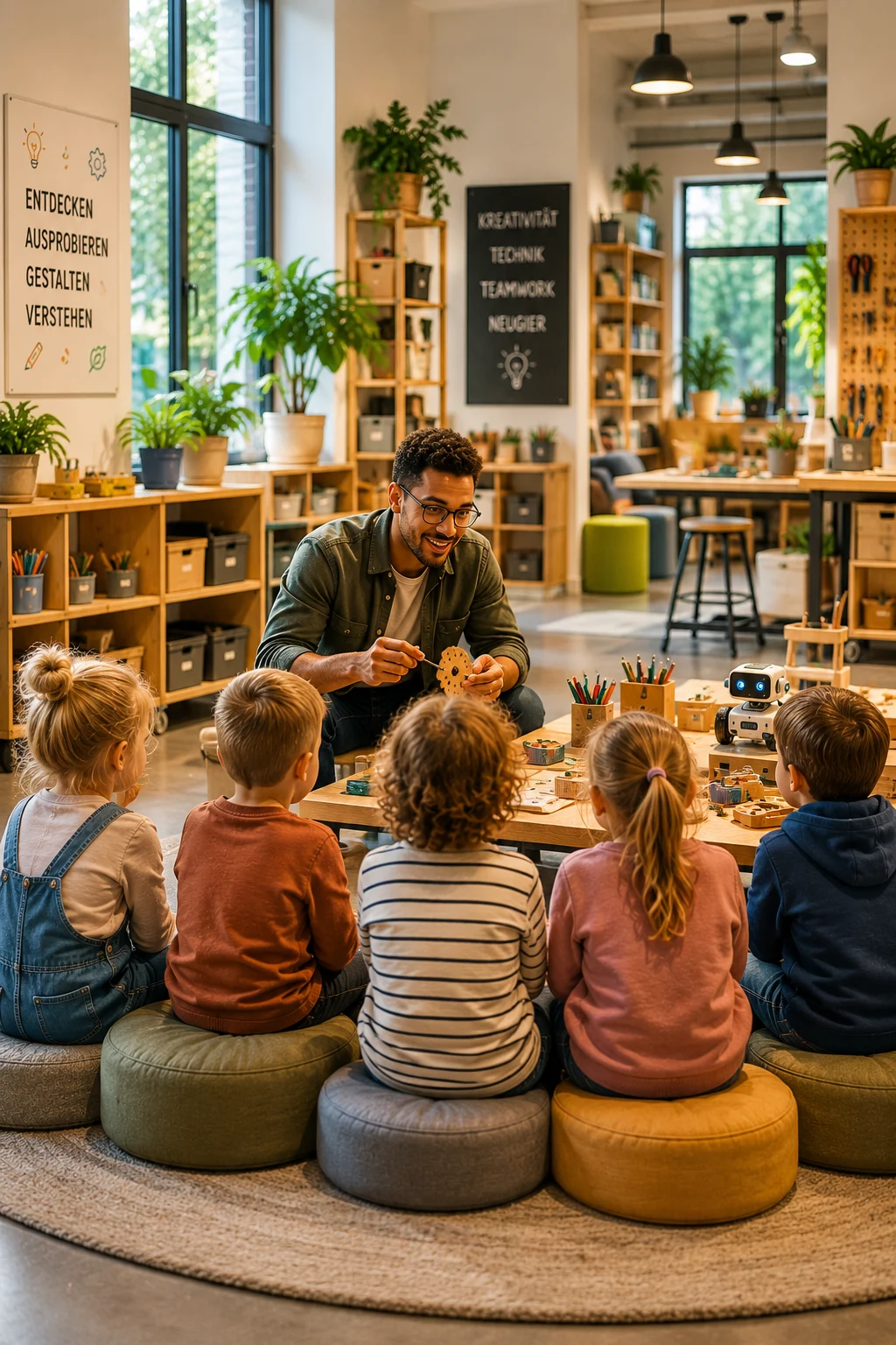 Lehrer zeigt Kindergruppe in Lernwerkstatt ein Holzbauteil; Roboter steht am Tisch, Regale und Pflanzen im Hintergrund