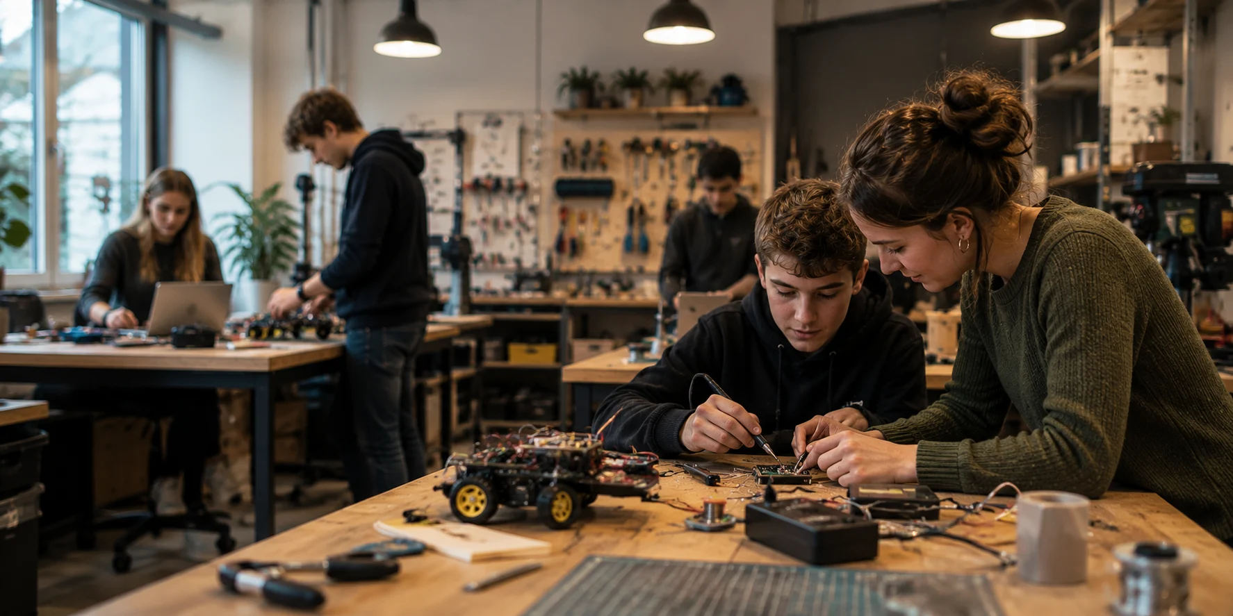 Eine Frau und ein Junge arbeiten gemeinsam an einem Elektronikprojekt an einer Werkbank; ein Roboterauto liegt auf dem Tisch